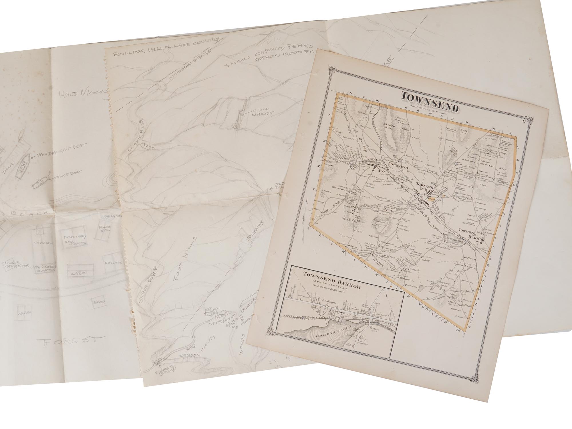 MAPS CARTOGRAPHY ITEMS WITH 2 HAND DRAWINGS PIC-1